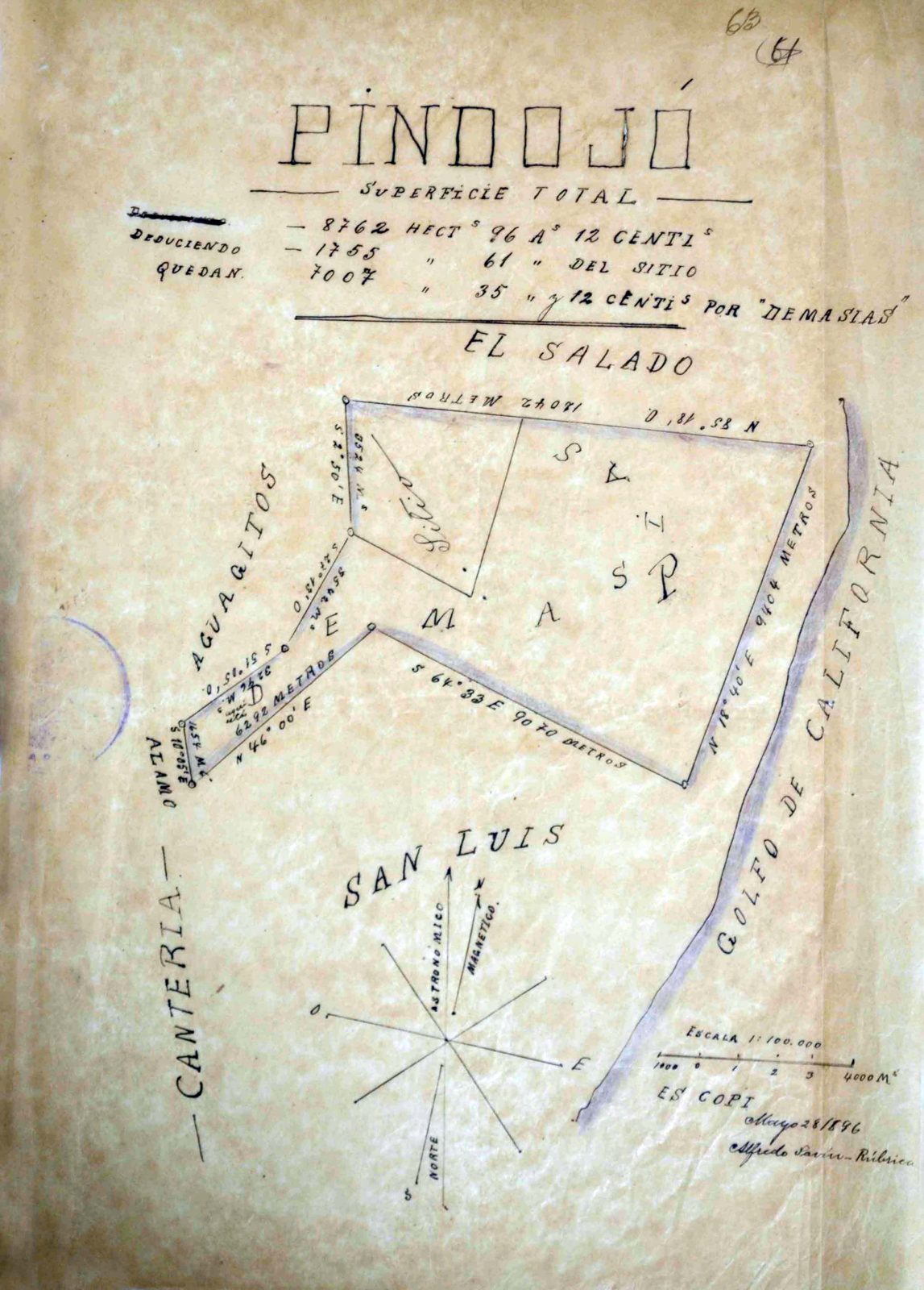 Plano Predio Demasías de Pindojó, SJC, 1896-1910